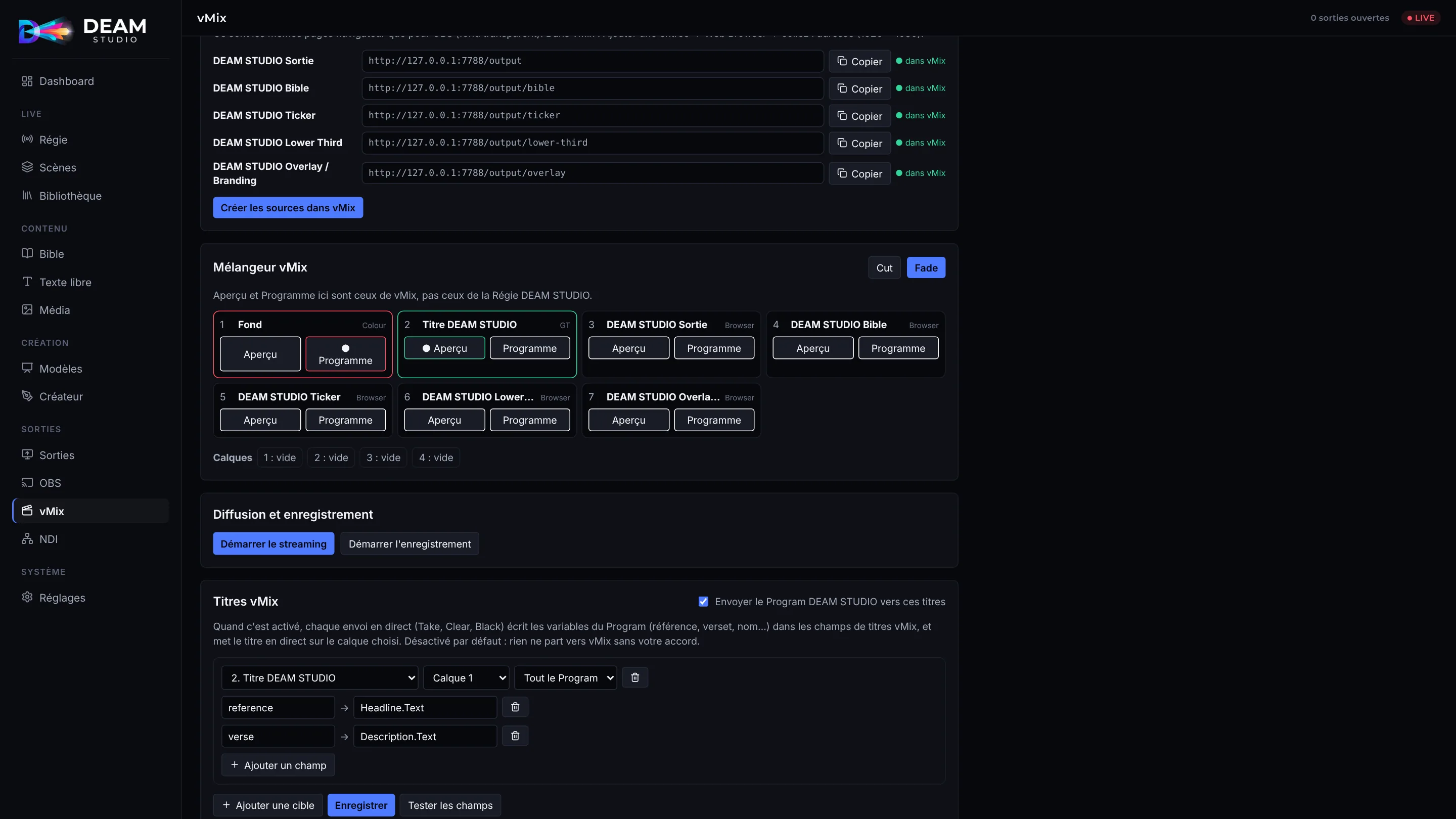 Page vMix de DEAM STUDIO